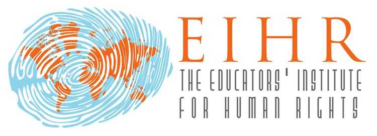 The Educators' Institute for Human Rights includes skinny, tall letters with their acronym alongside an image of fingerprints and a world map.