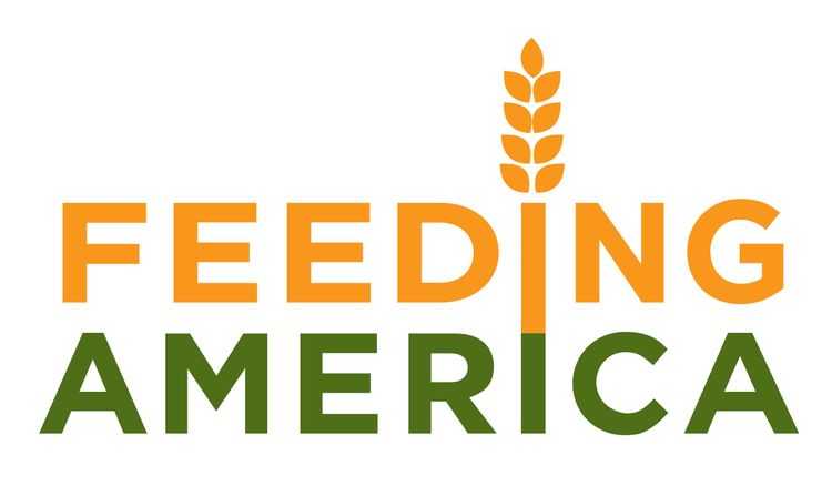 Feeding America's name is in orange and green letters morphed with a graphic that symbolizes wheat in its nonprofit logo.