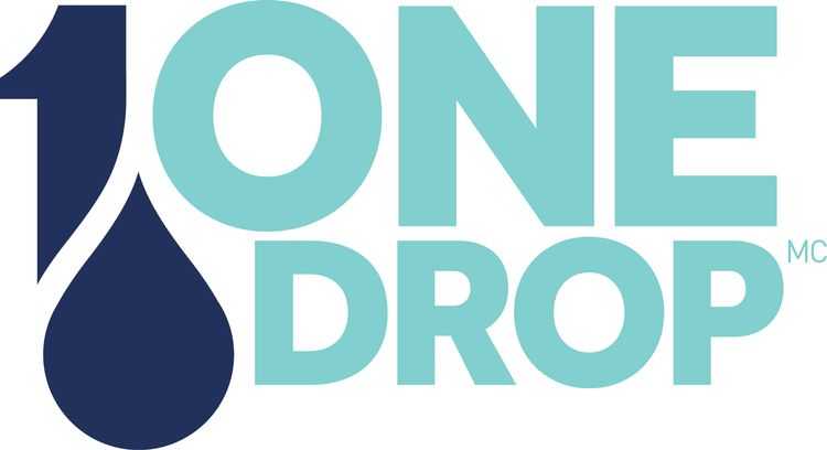 One Drop's nonprofit logo uses ocean blues and has the number one and water droplet alongside the organization's name.