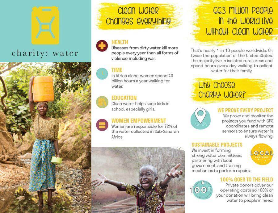 Charity:water's fundraising flyer relies heavily on statistics.