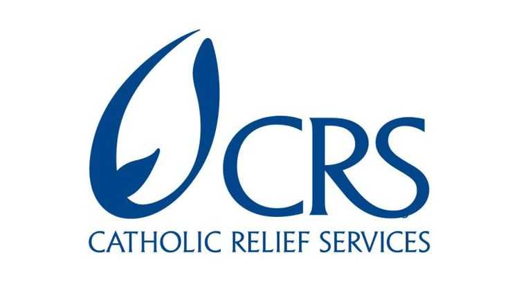 Catholic Relief Services emphasizes its acronym in bold blue letters in this nonprofit logo.