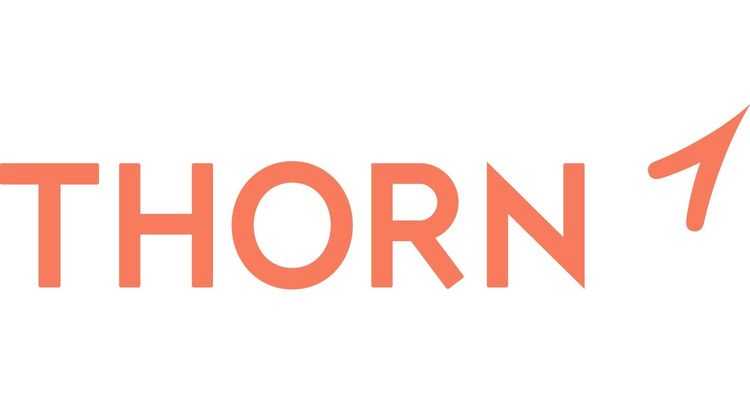 Thorn created a simplistic nonprofit logo design with its name in capital orange and a graphic of a thorn.