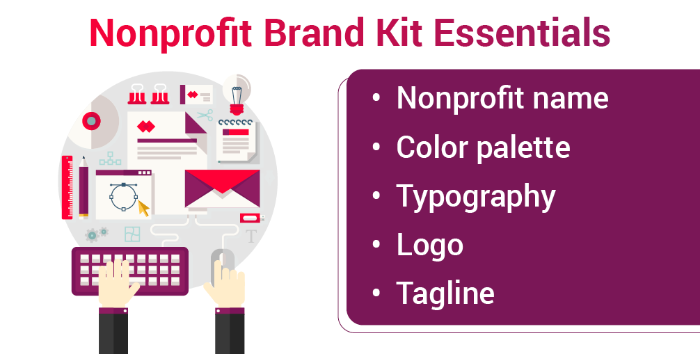 Nonprofit brand kit essentials include your nonprofit name, color palette, typography, logo, and tagline
