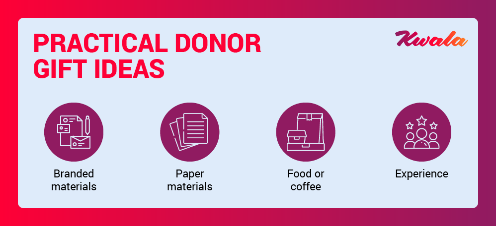 Paper materials, food or coffee, branded materials, or tickets to an experience are practical donor gifts.